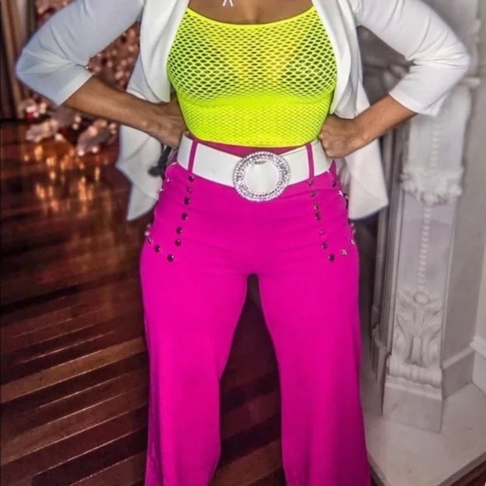 Elaine Coming in Hot: Pink High Waist Slacks w/ Nail Studs on Pockets M - Picture 8 of 10